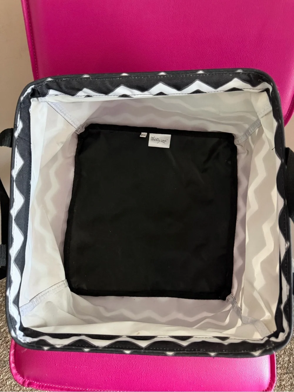 Thirty-One Square Utility Tote in black and white chevron